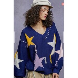 POL Boutique Women's Navy Long Sleeve Sweater with Patchwork Stars NEW